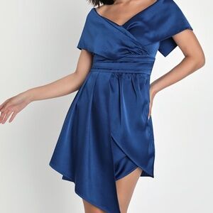 Lulus Always Celebrating Navy Blue Satin Off-the-shoulder Mini Dress - Size S
